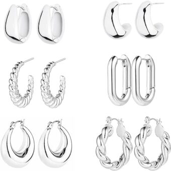 6 Pairs 14K Gold Hoop Earrings for Women Lightweight Chunky Hoop Earrings Multipack Hypoallergenic, Thick Open Twisted Huggie Hoops Earring Set...