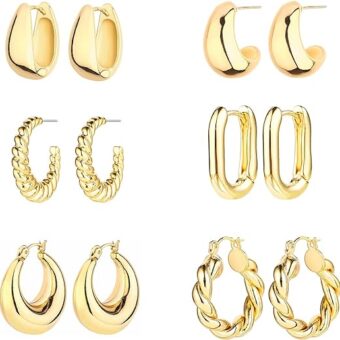 6 Pairs 14K Gold Hoop Earrings for Women Lightweight Chunky Hoop Earrings Multipack Hypoallergenic, Thick Open Twisted Huggie Hoops Earring Set...