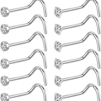 6Pcs Nose Rings Studs Corkscrew 18 Gauge Nose Piercing Jewelry Real Nose Piercings Surgical Steel 18G Nose Screw Studs Screw Nose Rings Jewelry for...