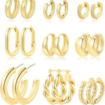 9 Pairs Gold Hoop Earrings Set for Women, 14K Gold Plated Chunky Huggie Earrings, Hypoallergenic Small Hoops Earring Pack, Thick Open Lightweight...