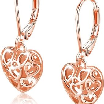 925 Sterling Silver 14K Gold French Style Leverback Earrings, Heart Dangle Drop Earrings for Women Girls Hypoallergenic Jewelry Gift