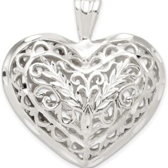 925 Sterling Silver Filigree Puffed Heart Pendant (L-36 mm, W- 35 mm) Gift for Women