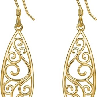 925 Sterling Silver Post Dangle Drop Earrings for Women Girls 18k Gold Plated Filigree Teardrop Dangling Hook Earrings Jewelry Gifts for Christmas...