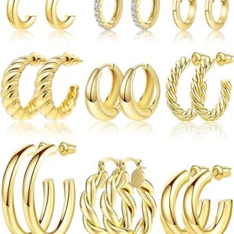 Adoyi 9 Pairs Gold Hoop Earrings Set for Women Gold Twisted Huggie Hoops Earrings 14K 18K Gold Plated for Girls Gift Lightweight