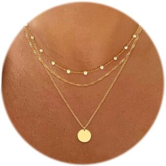 Aisansty Dainty Layered Choker Necklaces Handmade Coin Tube Star Pearl Pendant Multilayer Adjustable Layering Chain Gold Plated Necklaces Set for...