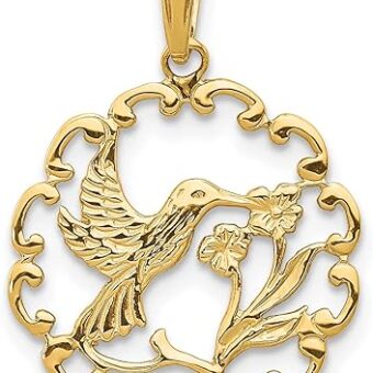 Avariah Solid 10K Yellow Gold Hummingbird w/Flower in Frame Pendant - 23mm