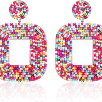 Beaded Drop Earrings, Multicolored Bead Statement Earrings Bohemia Seed Bead Square Earrings Bead Hoop Dangle Earrings for Women Girls Jewelry Gift