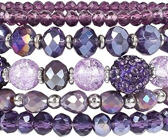 Bohemian Purple Beaded Bracelets for Women 5Pcs Stackable Glass Beads Stretch Bracelets Boho Multilayered Sparkly Disco Ball Faceted Crystal Beads...