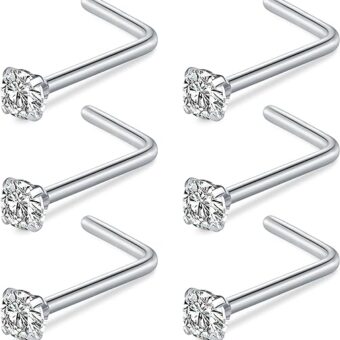 Briana Williams Nose Studs L Shaped Nose Rings Studs for Women Surgical Stainless Steel 18g 20g 1.5mm 2.0mm 2.5mm 3.0mm Clear Round CZ L Shape...