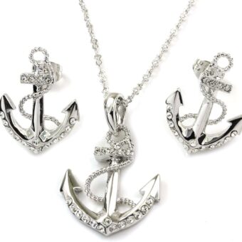 C Jory White & Rose Gold Plated Anchor Necklace Earring Studs Jewelry Set