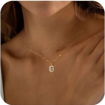 Charm Gold Necklace for Women,14K Gold Silver Simple Modern Pendant Necklaces for Women Cute Hexagon Diamond Crystal Cubic Zirconia Necklace For...