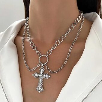 Cubic Zirconia Cross Necklace Vintage Baroque Pearl Chain Beads Necklace Silver CZ Cross Pendant Necklace Shiny Diamond Chain Faith Cross Choker...