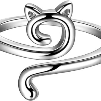 Cute Cat Adjustable Rings 18K 925 Sterling Silver Plated Lovely Cats Animals Open Ring Jewelry for Women