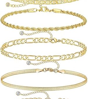 DEARMAY Waterproof Gold Ankle Bracelets for Women - Dainty 6Pcs 14K Gold Plated Anklets Layered Cuban Link Chain Herringbone Cute Anklets Set Pack...