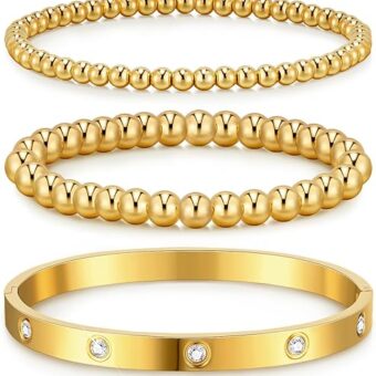 doubgood Gold Bracelets for Women 3PCS Gold Bangles for Women Stretch Gold Beaded Bracelets Cubic Zirconia Bangle Bracelets 14K Gold Plated Jewelry...