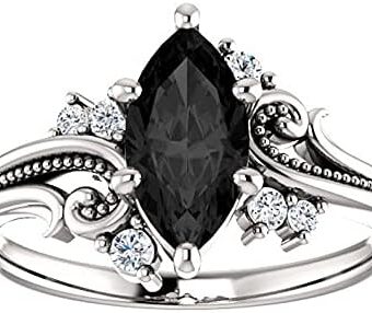 Filigree Black Marquise Ring White Gold Finish, Floral Marquise Shape Onyx Black Simulated Diamonds Engagement Ring, Woodland Black Marquise...