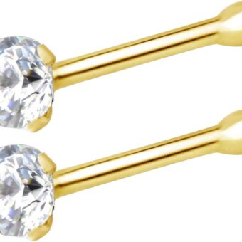 Forbidden Body Jewelry 14k Gold Nose Studs, 22g, Solid 7mm Micro Stud, 1.25-2mm CZ Simulated Diamond, 1or 2 Pcs Jewelry Set, Non-Irritating Skin...