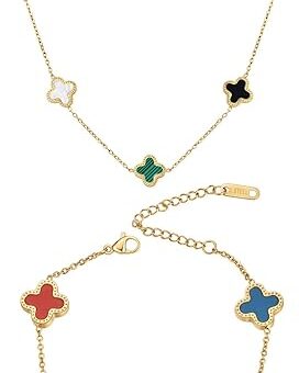 Four Leaf Clover Jewelry Set for Women, 18K Gold-Plated Stainless Steel Clover Lucky Bracelet & Necklace in 5 Colors, Same Color on Both Sides,...