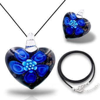 Handmade Murano Inspired Blown Glass Lampwork Art Heart Flower Royal and Aqua Blue Glass Pendant Handcrafted Artisan Hypoallergenic Italian Style...