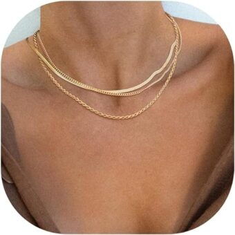 Herringbone Necklace for Women,Dainty Gold Necklace,14k Gold Plated Snake,Gold Chain Choker Necklaces,Simple Gold Layered Necklaces,Gold Jewelry...