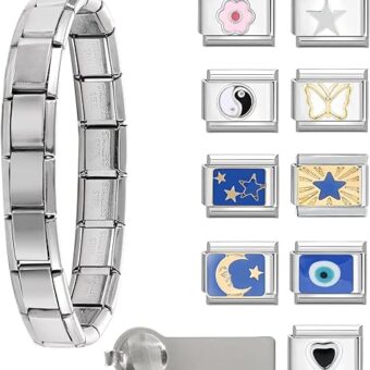 Italian Charms Bracelet Sets with Starter Brascelet, Assorted Charms and Opening Tools,9mm Modular Charm Bracelet Link Handmade DIY Jewelry Gifts