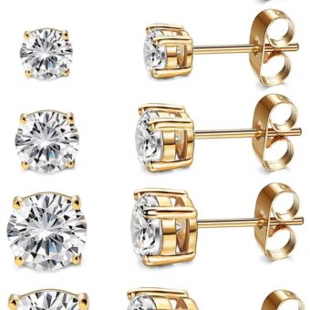 Kainier Women's 14K Gold Plated CZ Stud Earrings Simulated Diamond Round Cubic Zirconia Ear Stud Set（5 Pairs)