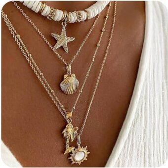 Layered Shell Necklace for Women Gold Seashell Starfish Palm Sun Pendant Necklace Boho Shell Necklace Summer Beach Jewelry Gifts for Women Teen Girl