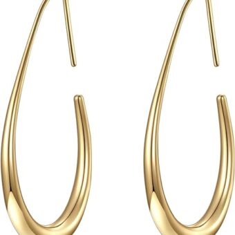 Lightweight Teardrop Hoop Earrings for Women - 14k Gold/White Gold Plated Large Oval Pull Through Hoop Earrings High Polished Statement Jewelry...