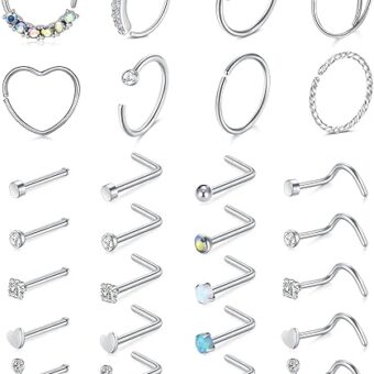 Mayhoop 20g Stainless Steel Nose Rings Hoop L Shape Nose Studs Nose Screw Bone Silver Rose Gold Black Rainbow Pack for Women Men 28Pcs