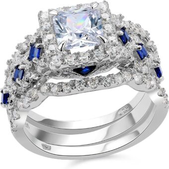 Newshe Engagement Wedding Ring Set 925 Sterling Silver 3pcs 2.5ct Princess White Cz Blue Size 4-13