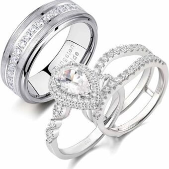 Newshe Jewellery Wedding Ring Sets for Him and Her AAAAA Cz Promise Rings for Couples Women Mens Band Pear Shape Size 5-13