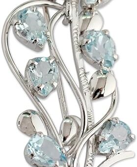 NOVICA Artisan Handmade Blue Topaz Floral Brooch Pin Fair Trade .925 Sterling Silver India Birthstone 'Sky Bouquet'