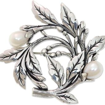 NOVICA Artisan Handmade Cultured Freshwater Pearl Brooch Pin Artisan from Bali .925 Sterling Silver White Indonesia 'Budding Cotton'