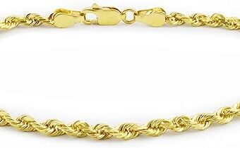 Nuragold 14k Yellow Gold 2mm Rope Chain Diamond Cut Bracelet or Anklet, Mens Womens Jewelry 7" 7.5" 8" 8.5" 9"