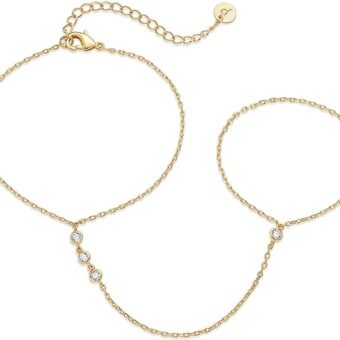 PAVOI 14K Yellow Gold Plated Cubic Zirconia Hand Chain Bracelet for Women | Dainty Bracelet and Ring Chain Body Jewelry