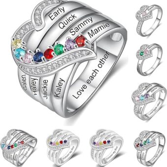 Personalized 1-8 Name Birthstone Rings, Custom Name Ring Wedding Family Mother Days Birthday Jewelry Gifts for Women Grandma Mom Daughter