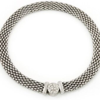 Rhodium Plated Mesh Choker With Diamante Magnetic Clasp - 40cm Length