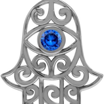 Silvershake Created Blue Sapphire 925 Sterling Silver Evil Eye On Hamsa Hand Pendant September Gemstone Birthstone