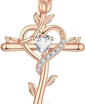 STARCHENIE Rose Cross Necklace 925 Sterling Silver Heart Crucifix Pendant Birthstones Jewelry for Women