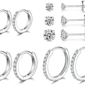 Sterling Silver Hoop Earrings | Sterling Silver Stud Earrings for Women - 6 Pairs Hypoallergenic Tiny Cubic Zirconia Stud Earrings Set & Cartilage...