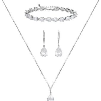 SWEETV Bridal Jewelry Set for Wedding, Cubic Zirconia Necklace Dangle Drop Earrings Bracelet Set, Teardrop Marquise Brides Bridesmaids Wedding Prom...