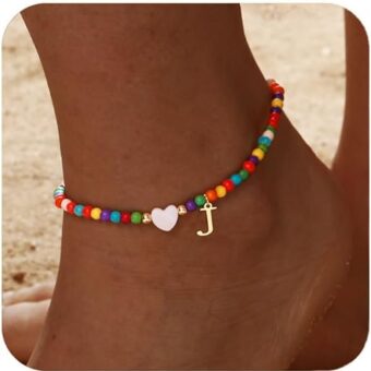 Honsny Ankle Bracelets for Women Initial Anklets Waterproof Boho Beaded Dainty Ankle Bracelets for Teen Girls Letter Heart Handmade Adjustable Foot...