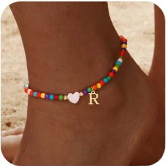 Honsny Ankle Bracelets for Women Initial Anklets Waterproof Boho Beaded Dainty Ankle Bracelets for Teen Girls Letter Heart Handmade Adjustable Foot...