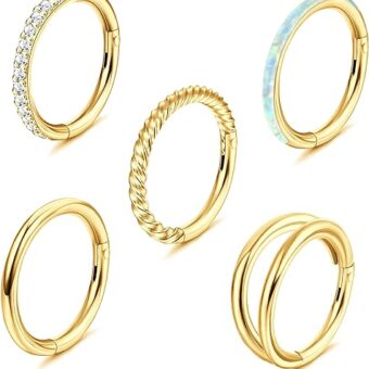 Jstyle 5Pcs 18G 16G Surgical Steel Nose Rings Hoop for Women Opal CZ Clicker Hinged Septum Nose Ring Lip Helix Cartilage Hoop Earring Daith Rook...