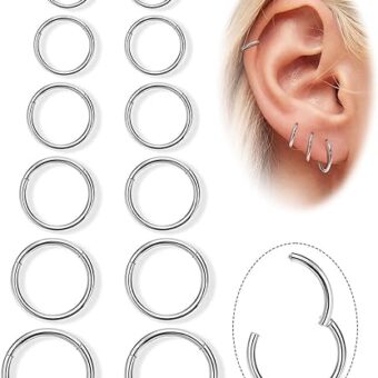 LOAYHOAY 12Pcs 16G 316L Stainless Steel Hinged Clicker Segment Septum Nose Rings Hoop Helix Cartilage Daith Tragus Earrings Lip Hoop for Women Men...