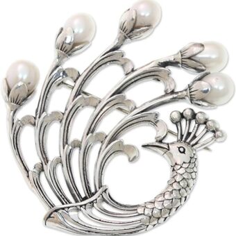 NOVICA Artisan Handmade Cultured Freshwater Pearl Brooch Pin .925 Sterling Silver Peacock with White Indonesia Animal Themed 'Resplendent Peacock'