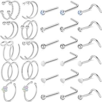 ONESING 9-40 Pcs 20G Nose Rings for Women Nose Piercings Jewelry Nose Rings Hoops L Shape Nose Studs Screw Hypoallergenic Nostril Surgical...