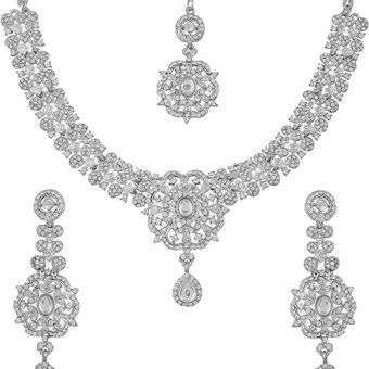 Touchstone Indian Bollywood Floral Studded Rhinestones Bridal Designer Jewelry Necklace Set for Women in Silver or White Tone