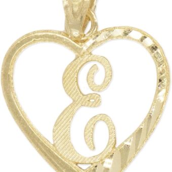 10k Solid Gold Initial Pendant in Heart Frame with Diamond Cut Finish, Available in Different Letters of Alphabet Personalized Charm for Women (E)