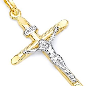 14k REAL Two Tone Gold Religious Crucifix Jesus Cross Charm Pendant